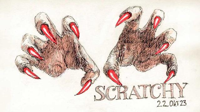 Zwei gezeichnete Hände, mit langen spitzen rot gefärben Fingernägeln. Zu Krallen geformt.