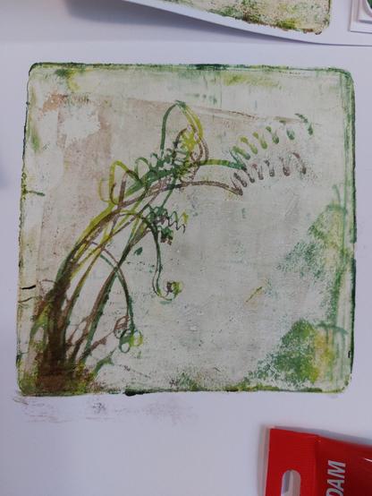 This one is green and brown with a larger offset between the two laser print transfers, increasing towards the tips of the curled leaves. I didn't wait long enough for a layer to dry in between, and you can see the edge of the gelli plate running through the picture in a shade of brown. Ah well, it's just play and I still like parts of it :-).