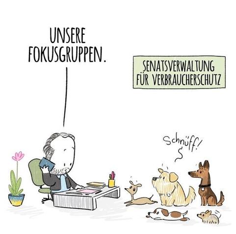 Panel 3: Markus Kamrad on the phone at his desk in his office, looking at a bunch of dogs intently staring at him, says: our focus groups
