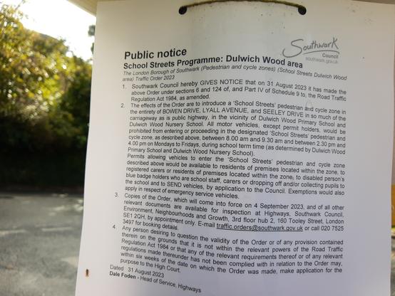 OCR failed to decipher the image. The highlight is:

The effects on the order are to introduce a 'School Streets' pedestrian and cycle zone on the entirety of BOWEB DRIVE, LYALL AVENUE, and SEELEY DRIVE in so muxh of the carriageway as is a public highway. 

All motor vehicles, except permit holders, would be prohibited from entering or proceeding in the designated 'School Street' pedestrian and cycle zone between 8.00 am and 9.30 am and between 2.30 pm and 4 pm on Mondays to Fridays during school term