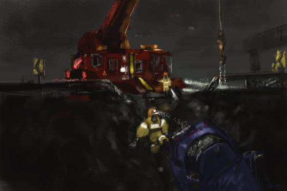 Digital painting of anti gravity crane preparing to pull up hover car that crashed down side of road
