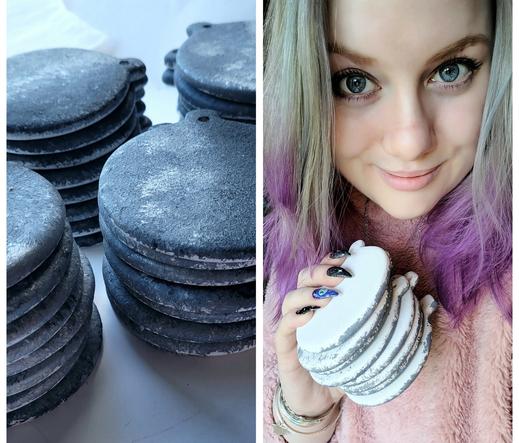 Four stacks of Moon Phase baubles to paint, and me holding a set ready to paint.