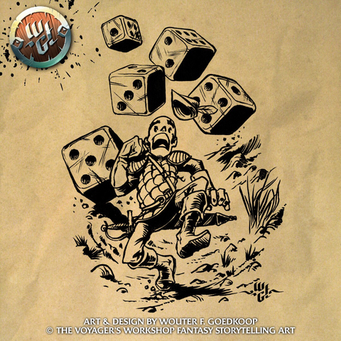 An adventurer runs downhill as rolling dice pursue him.