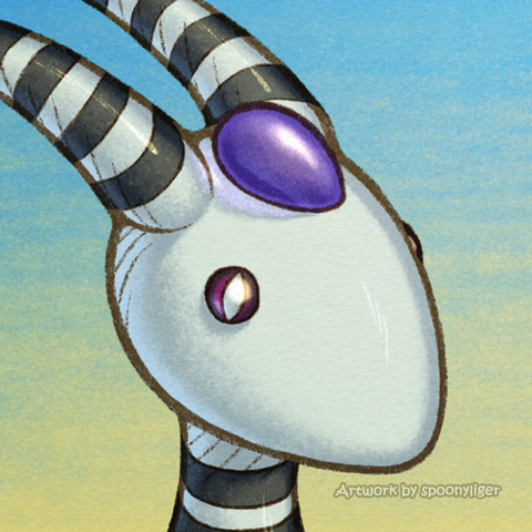 Digital headshot artwork of a Pokémon original character based on Ampharos facing forward towards the right side of the image at a 3/4 angle with a neutral expression on its face.