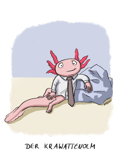Ein Cartoon-Grottenolm oder Axolotl mit Hemd und Krawatte lehnt gemütlich an einem Stein im Wasser.