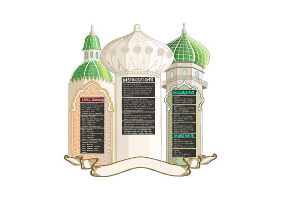 Trio of Mughal style towers influenced by architecture of Brighton pavilion. They have glasshouse roofs and tiled interiors. In the foreground is a triptych of cocktail menu signage