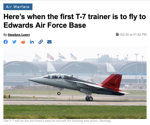 Screenshot of article on USAF T-7 RedHawk trainer