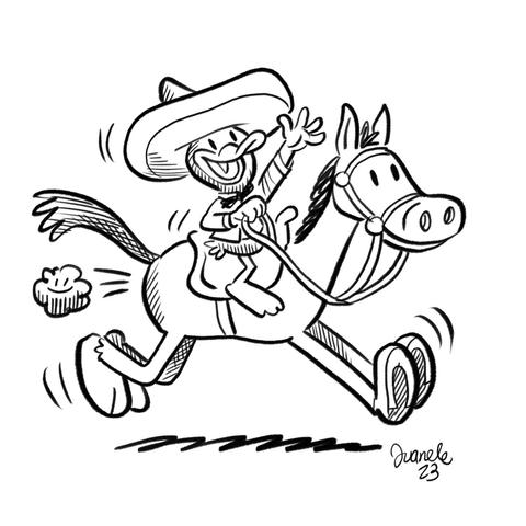 A black and white cartoon of a duck (my character Patote) dressed as a Mexican cowboy (charro) riding a horse
