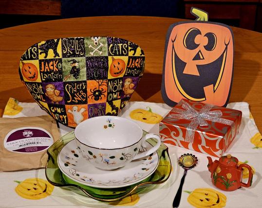 A Halloween tea tableau with Chocolate Orange black tea from English Tea Store