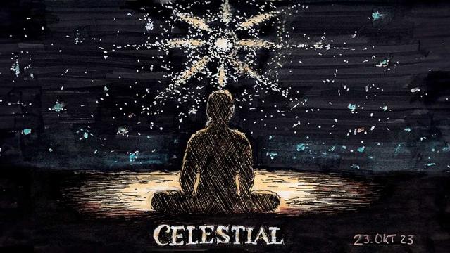 Eine Person meditiert vor einem leuchtenden Sternenkreis am Himmel. Helligkeit erzeugt vor ihr auf der Erde einen Lichtkreis.