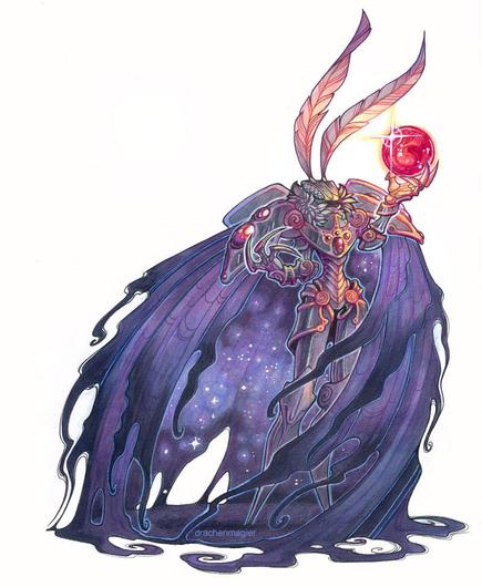 Black mage moth pondering an orb