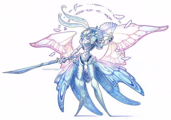 White knight moth with sword and fan and flowing wing-cape