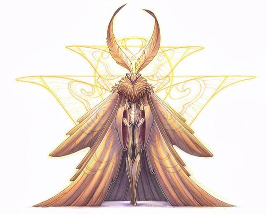 praying holy moth with long wing robe and glowing wing halo