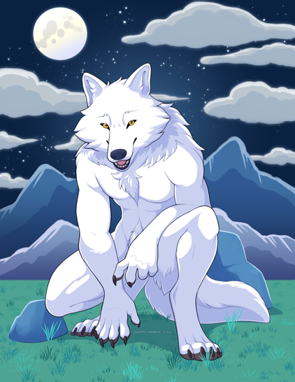 A white male werewolf crouching a grassy field, looking toward the viewer as mountains loom in the distance and the full moon illuminates the sky and clouds.
