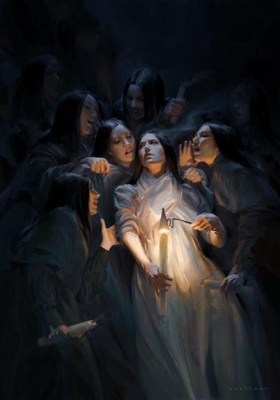 Digital painting in Photoshop by Cynthia Sheppard. This piece is a multi-figure self portrait inspired by the past few years of fighting against burnout and anxiety. There are seven figures in dark robes surrounding a figure holding a candle in light robes. The background is darker and the dark figures emerge from it, closing in on the light figure whispering in her ears. The light figure looks up and to the left considering putting out the light from the candle. © 2022 Cynthia Sheppard