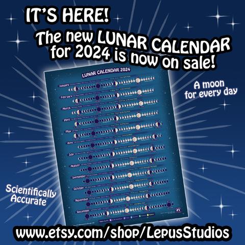 A moon calendar poster for 2024. A row of moon phases for each month is shown.
