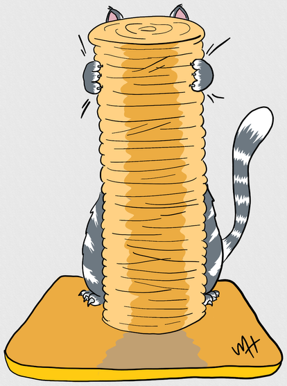 Inktober prompt: scratchy. A drawing of a scratching post obscuring a grey and white cat who is using said scratching post.