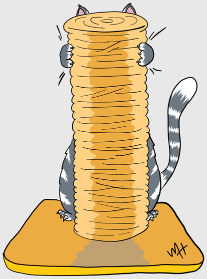 Inktober prompt: scratchy. A drawing of a scratching post obscuring a grey and white cat who is using said scratching post.