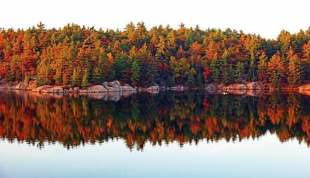Superb fall colors of red and gold on the trees in great light on the lake and stunning reflections