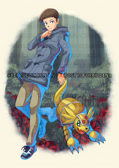"Digimon Adventure 02: THE BEGINNING"; full body illustration trying to simulate the "Digimon Survive" character art coloring style.