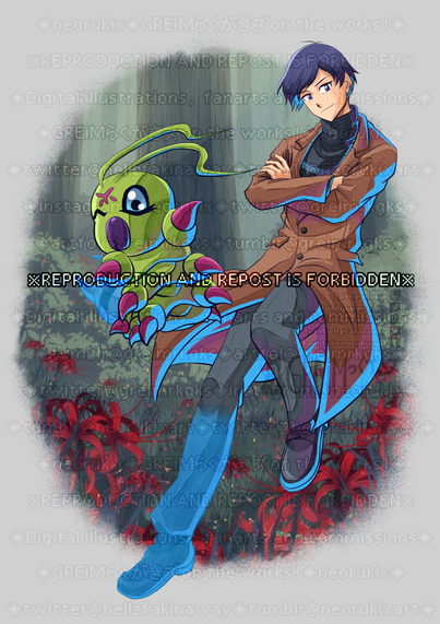 Ken Ichijouji and Wormmon from "Digimon Adventure 02: THE BEGINNING"; full body illustration trying to simulate the "Digimon Survive" character art coloring style.