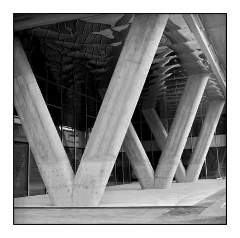 Black and white film photography. Three "V" shaped concrete supports in front of the entrance to the building.
