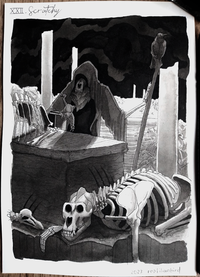 Drawing of a cloaked bear skeleton in front of a stone table with skeletons around it. The bear lets a toad down on the table.