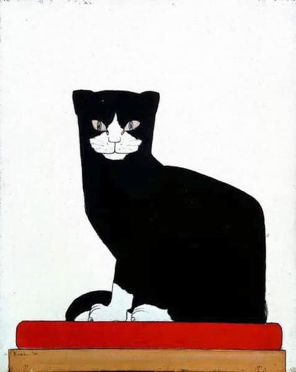 The Cat (1914) by Bart van der Leck
Bart van der Leck (26 November 1876, Utrecht â 13 November 1958, Blaricum) was a Dutch painter, designer, and ceramicist. During a trip to Paris he saw Egyptian paintings which influenced him greatly. The paintings are often done in a frescolike technique of distemper on asbestos cement. The colors he used in those days are bright, black and white and some primary colors.