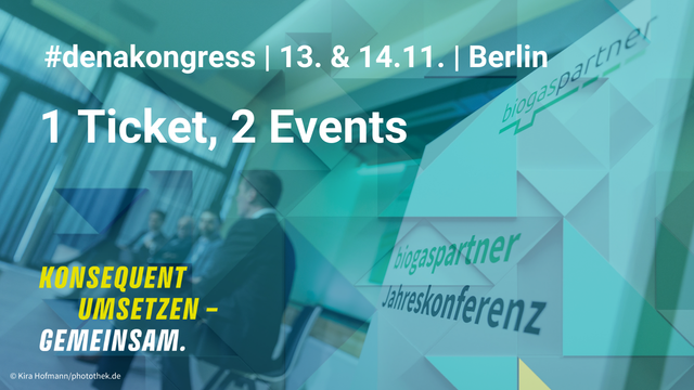 Ein Hinweis auf die biogaspartner-Jahreskonferenz, die am zweiten Tag vom dena Energiewende-Kongress, am 14. November 2023, in Berlin stattfindet.