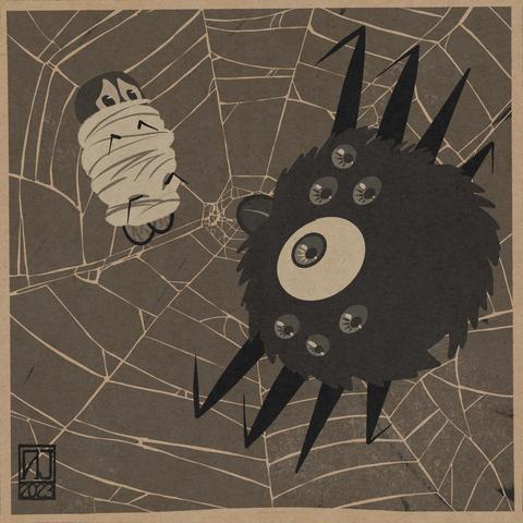 Retro art of a spider going for a fly in the web