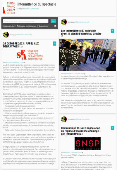 Capture d'écran via Scoop.it de notre veille sur la négociation des « annexes 8 et 10 » concernant l’évolution des règles d’indemnisation des salarié·es intermittent·es du spectacle.
