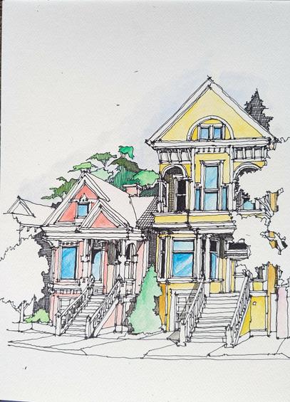 A brightly-colored watercolor-and-ink sketch of two San Francisco Victorians.