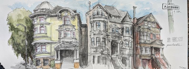 A very wide watercolor and ink sketch of three San Francisco Victorians near the corner of Oak and Ashbury Streets.