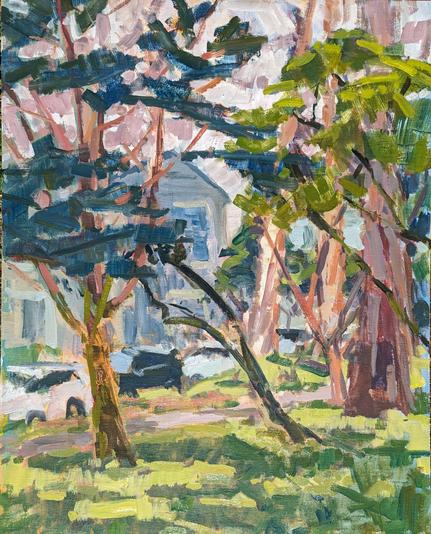 A luminous oil painting of trees in San Francisco's Panhandle Park. Through the branches are Victorian houses.