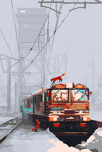 In this pixel art image, we see a snowy landscape with a large train on the tracks. The dominant colors are white and grey with an orange accent. The stark contrast between white and grey hues creates an almost abstract shape-like quality throughout much of the frame; yet despite these somewhat surreal elements everything feels grounded thanks to realistic textures like those found on nearby trees or even just visible tire marks left behind by passing vehicles earlier today perhaps? There are also two small foxes, one of which climbed onto the roof of the calmly standing train.