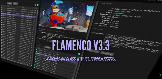 Screenshot of the Flamenco web interface, taken during the production of Wing It!

Text overlayed: "Flamenco v3.3, a hands-on class with dr. Sybren Stüvel"