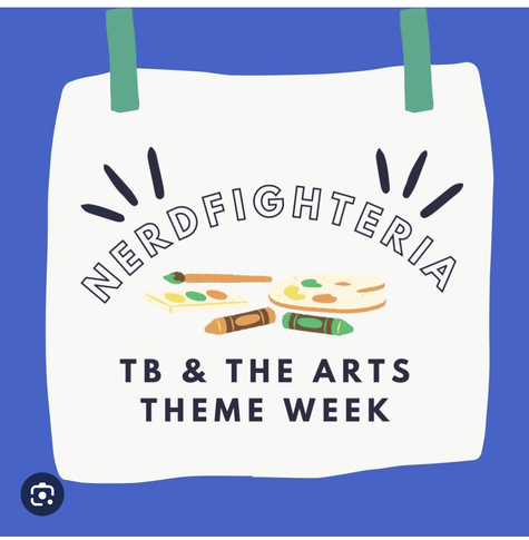 Graphic for Nerdfighteria TB & the Arts  Week with a paint palette and crayons on a cream and blue background
