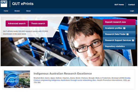 Homepage of QUT ePrints featuring the new Indigenous Australian Research Excellence feature.