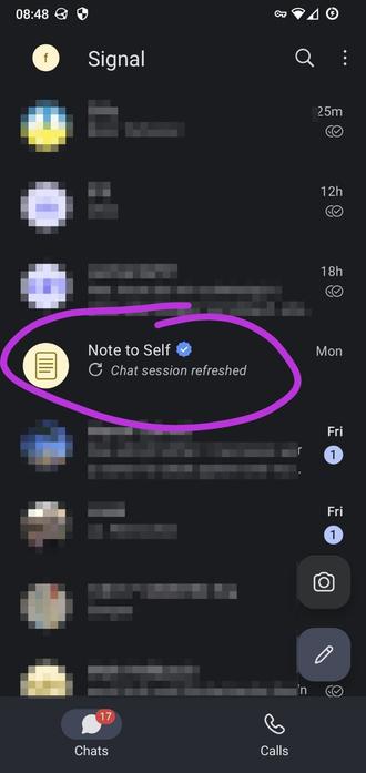 Screenshot eines plötzlich vorhandenen Chats in der Signal APP ("Note to self")
