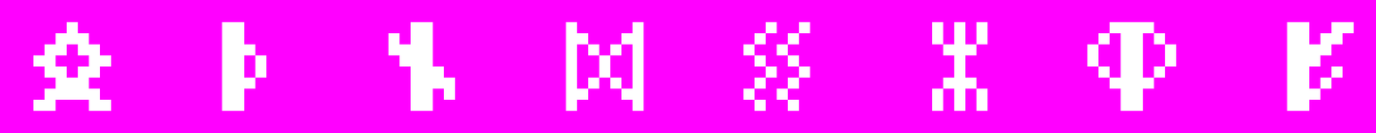 8 runes in a row, white on purple. very pixelly.

Othalan, a diamond with extended legs; Thorn, a vertical stroke with a semicircle attached on the right; Naudiz, a vertical stroke crossed from top left to bottom right; Dagaz, two triangles side-by-side touching at a point in the middle; Sowilo, here in Elder Futhark form, two zig-zag lines from top to bottom; Tvidamur symbol, a vertical stroke with a trident-like fork at top and bottom; Runic OO, a vertical stroke with a circle overlaid on the top portion; SHORT-TWIG-BJARKAN, a vertical stroke with two rising diagonals branching off on the right.