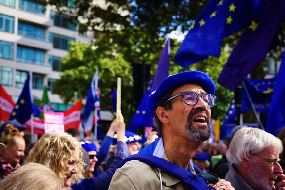 A portrait of a protestor at the National Rejoin March looking somewhat harrowed while wearing a blue beret and standing against a backdrop of large crowd of protestors with EU flags.