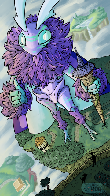 A bird's eye view of a giant anthropomorphic moth in many hues of blue and purple giving standing on a floating island, using a wizard's tower as a walking staff. They're giving a thumbs up to a few farmers on a higher island, and a few more islands can be seen in the distance below and behind them.