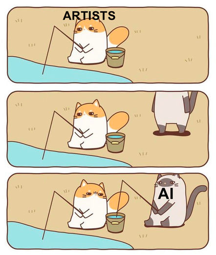 A cat innocently fishing (Artists)

Another cat (AI) slyly approaches from behind and fishes from the first cat's catch bucket.