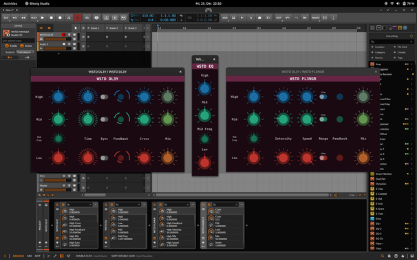 Some of the Wasted Audio plugins running in Bitwig Studio on Manjaro GNOME.
