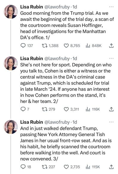 Screenshots of tweets from yesterday’s Trump Fraud trial