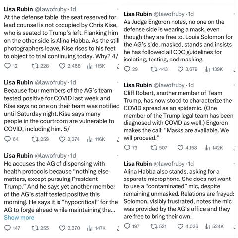 Screenshots of tweets from yesterday’s Trump Fraud trial
