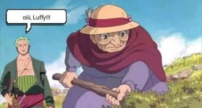 Image shows grandma Sophie from Howl's Moving Castle out in the field wearing her straw hat with red hat band, and Roronoa Zoro from One Piece coming  up behind her saying, "oiii, Luffy!!!"
