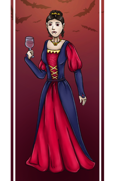Cartton style of a vampire countess with dark hair tied up in a bun, wearing dark red-blue long dress. She has golden necklace with red stone and golden tiara. In right hand she is holding wine glass with red liquid inside.
