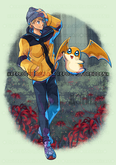 Takeru Takaishi and Patamon from "Digimon Adventure 02: THE BEGINNING"; full body illustration trying to simulate the "Digimon Survive" character art coloring style.
