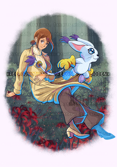 Hikari Yagami and Tailmon from "Digimon Adventure 02: THE BEGINNING"; full body illustration trying to simulate the "Digimon Survive" character art coloring style.